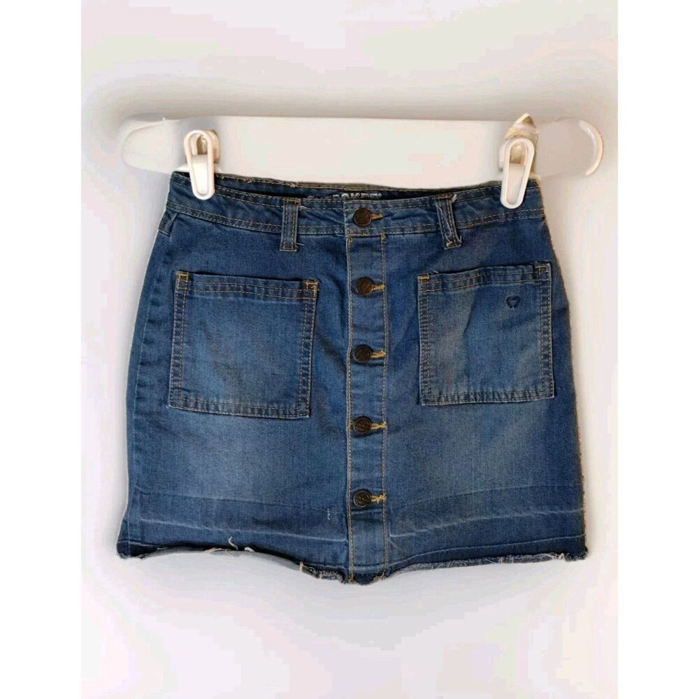 Cherokee Skirt Girls 8 Denim Stretch Raw Hem Button Front Adjustable Waist